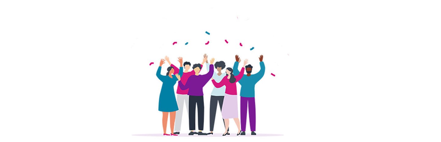Group of employees throwing stars in the air
