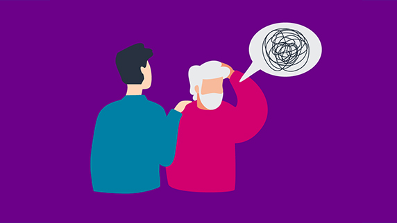 Men chatting, scribble in speech bubble